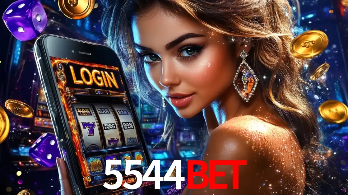 Mulher glamorosa segurando um smartphone com a tela de login para os jogos de caça-níqueis do cassino online 5544bet, com moedas de ouro e dados ao redor.