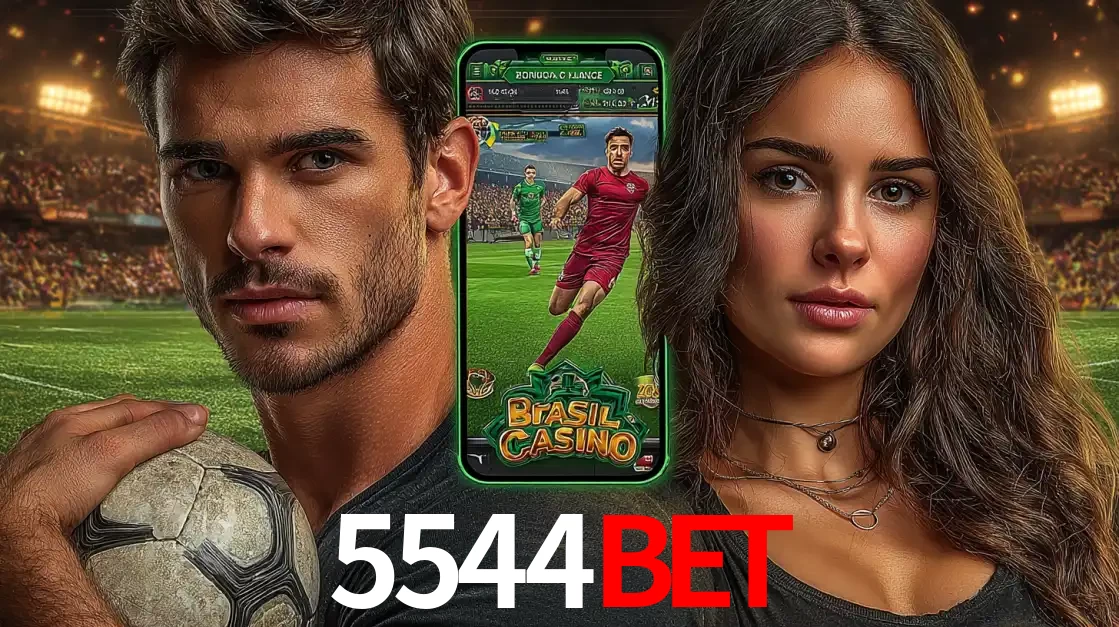 Homem segurando uma bola de futebol e uma mulher ao lado de um smartphone exibindo o jogo de apostas esportivas da 5544bet. Faça seu palpite no cassino online.
